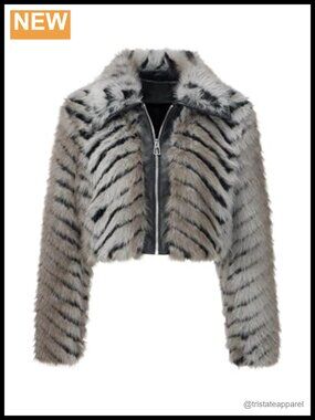 Faux Fur Cropped Zip Up Jacket Fluffy Fleece Coat Women's